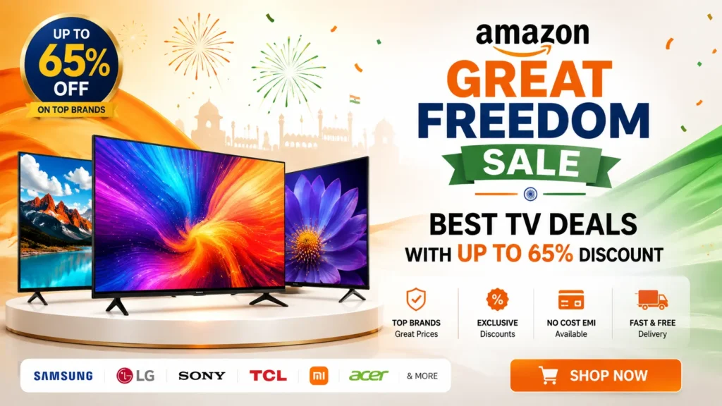 Amazon Great Freedom Sale: Best Smart TV Deals & Price Cuts. Amazon Great Freedom Sale best TV deals showing discounts up to 65 percent on Samsung, LG, Sony, and Xiaomi smart TVs.