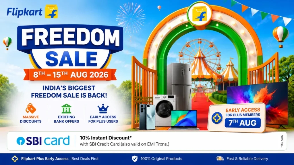 Flipkart Freedom Sale 2026: SBI Offers, Early Access & Top Deals. Flipkart Freedom Sale 2026 promotional banner showing SBI credit card offers and discounted smartphones.