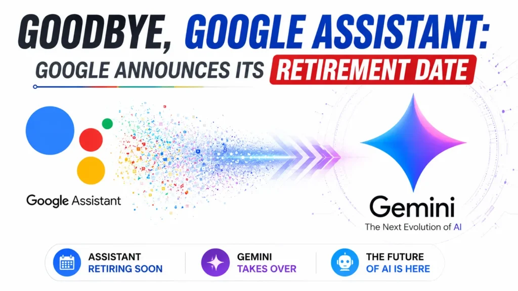 Goodbye Google Assistant: Gemini Takeover Starts September 2026. Google Assistant retirement banner showing transition to Gemini AI on Android devices