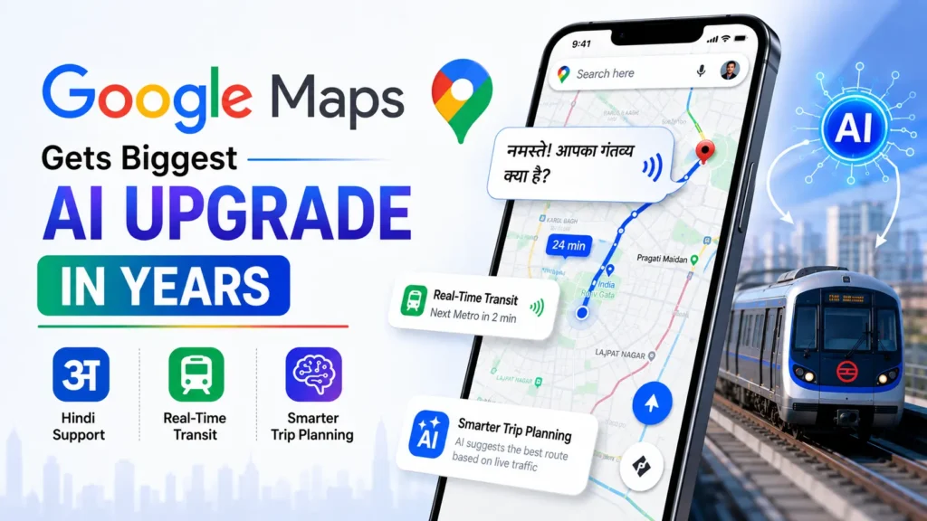 Google Maps Ask Maps interface showing Hindi language support, real-time public transit updates, and Gemini AI trip recommendations