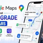 Google Maps Ask Maps interface showing Hindi language support, real-time public transit updates, and Gemini AI trip recommendations