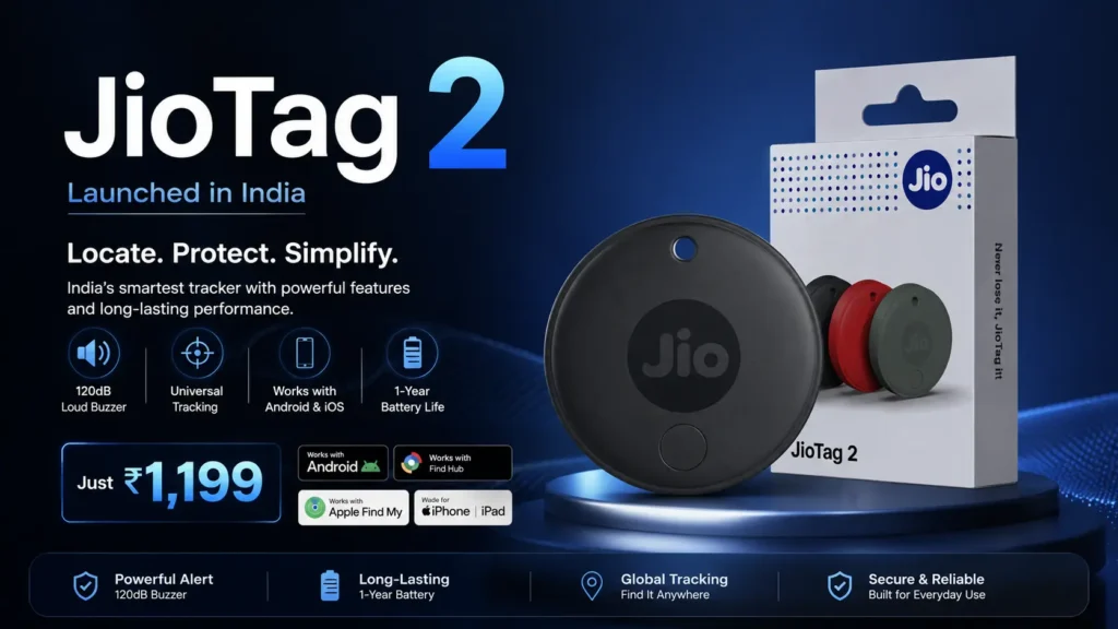 JioTag 2: Affordable Smart Item Tracker for Android and iOS. JioTag 2 smart item tracker in Black, Red, and Green showing Apple Find My and Google Find Hub support.