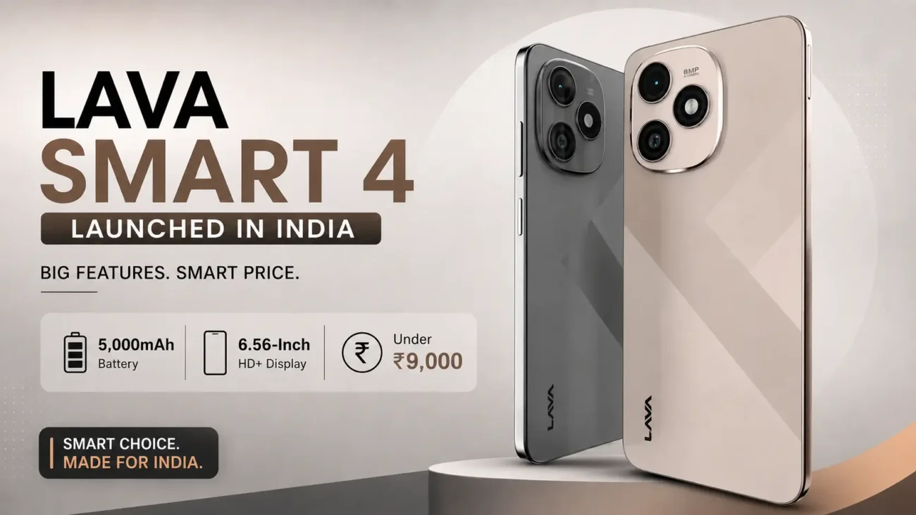 Lava Smart 4 in Konark Gold and Ajanta Grey showing 90Hz display and MIL-STD-810H military grade certification