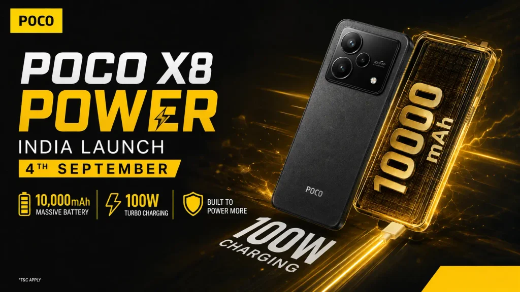 POCO X8 Power: Monster 10,000mAh Battery Phone with 100W Fast Charging. POCO X8 Power featuring a 10000mAh battery, 100W fast charging, and 6.83-inch 1.5K 120Hz OLED display.