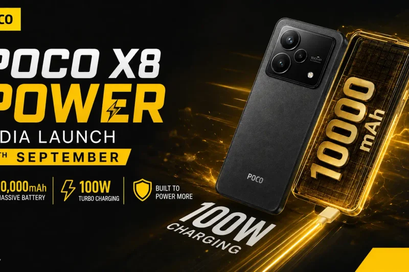 POCO X8 Power featuring a 10000mAh battery, 100W fast charging, and 6.83-inch 1.5K 120Hz OLED display.