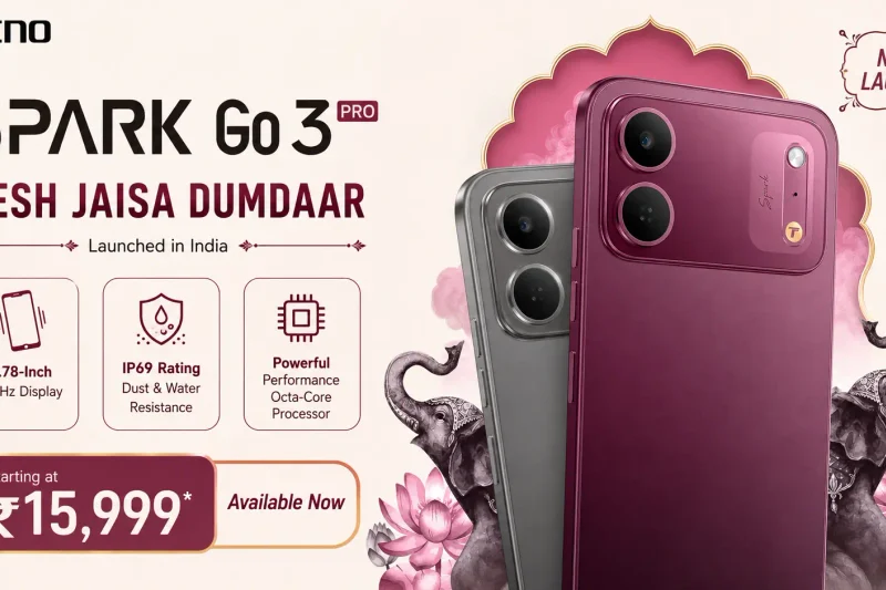 Tecno Spark Go 3 Pro smartphone showing a 6.78-inch 120Hz display and IP69 durability rating.